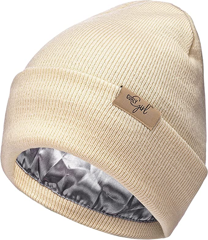 Curly Girl Women's Satin Lined Knit Cuffed Beanie, Acrylic Winter