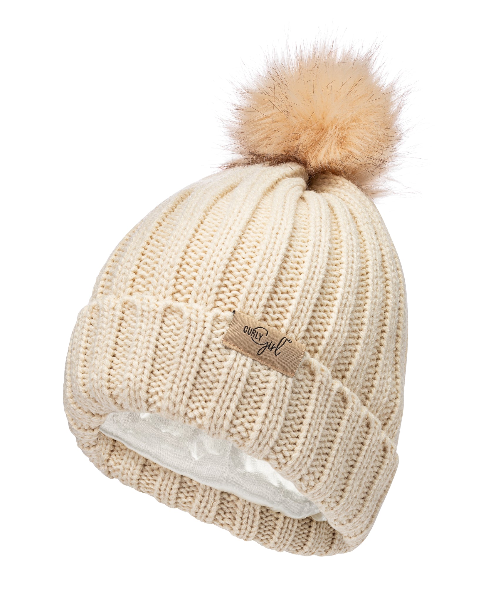Curly Girl Womens Winter Knitted Beanie Hat with Faux Fur Pom Warm